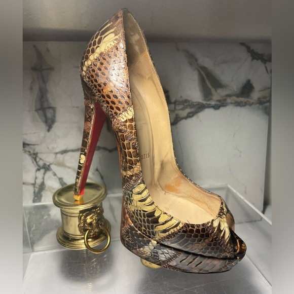 Christian Louboutin Brown Python platchawork banana peep toe platform sz 38 - Picture 5 of 16